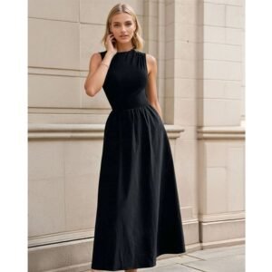 Black High Neck Sleeveless A-line Princess Cut Midi Dress