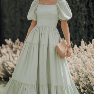 Sage Green Puff Sleeve Midi Dress