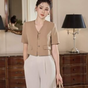Beige Crop Blazer & Cream Pants Set