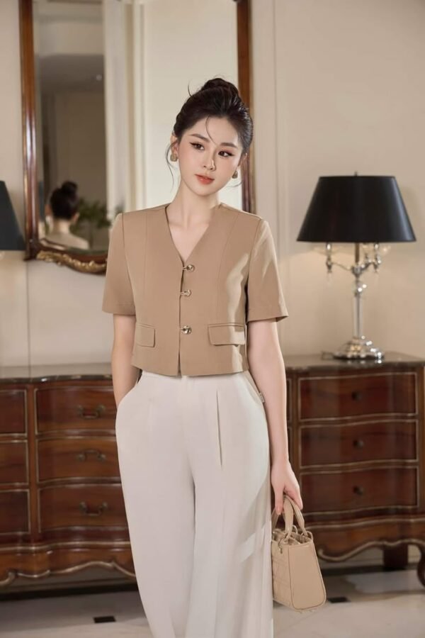 Beige Crop Blazer & Cream Pants Set