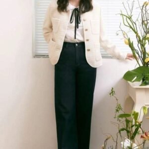 Ivory Textured Jacket & Dark Denim Jeans