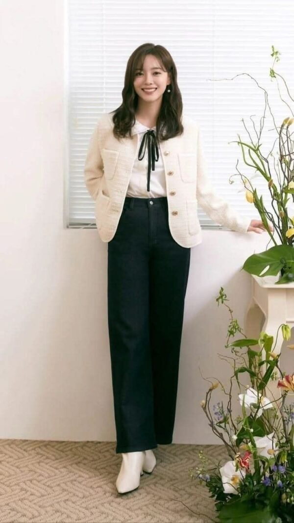 Ivory Textured Jacket & Dark Denim Jeans
