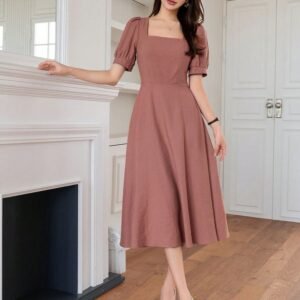 Blush Brown Puff Sleeve Midi Dress