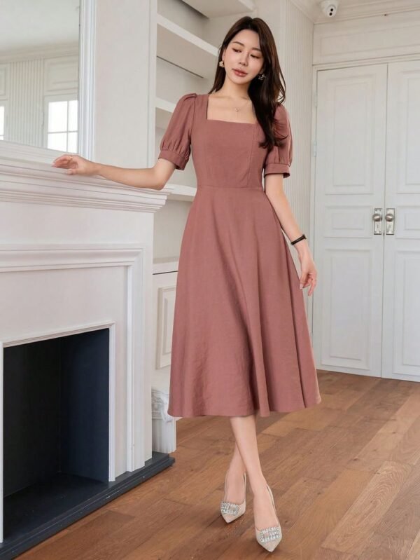 Blush Brown Puff Sleeve Midi Dress