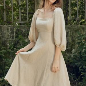 Soft Beige Cottage core Puff Sleeve Dress