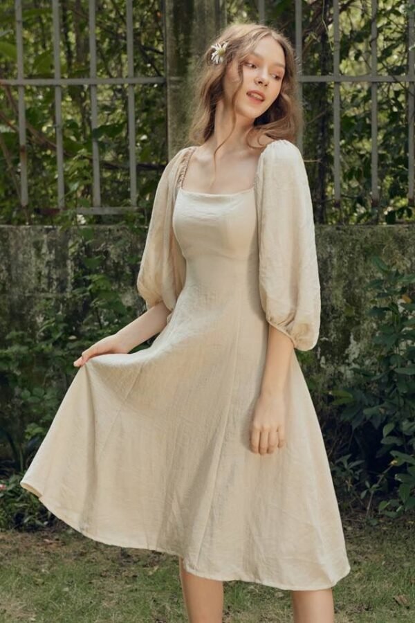 Soft Beige Cottage core Puff Sleeve Dress