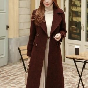 Classic Autumn Elegance – Wine Coat & Knit Harmony
