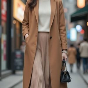 Elegant Camel Longline Coat with Pleated Skirt Ensemble