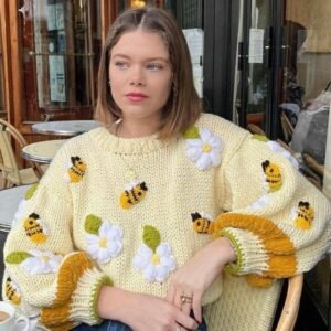 Cream Knit Bee & Flower Embroidered Sweater