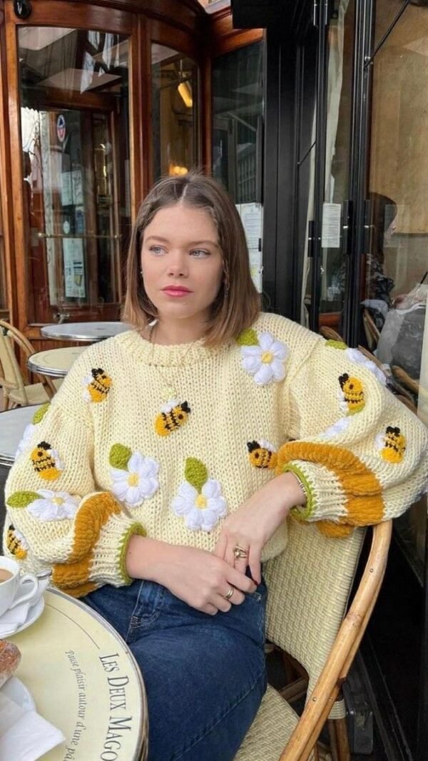 Cream Knit Bee & Flower Embroidered Sweater