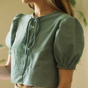 Green Gingham Puff Sleeve Top