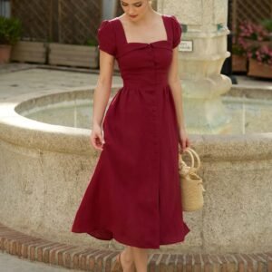 Maroon Vintage Button-Down Midi Dress