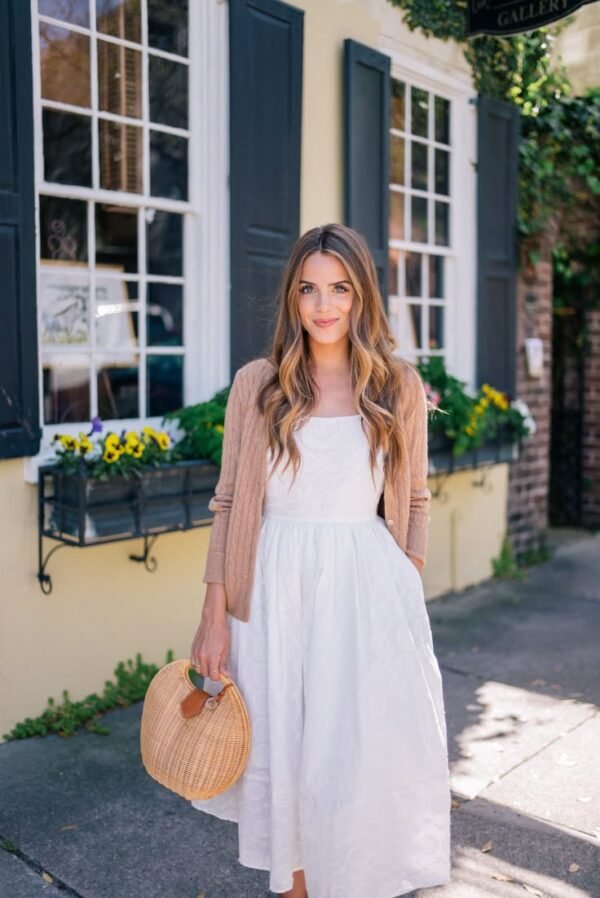 White Textured Midi Dress with Camel Cardigan