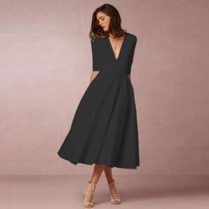 Midnight Grace – V-Neck Bodycon Midi Dress