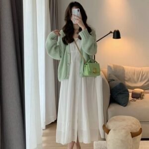 White Casual Cotton Dress with Mint Green Cardigan