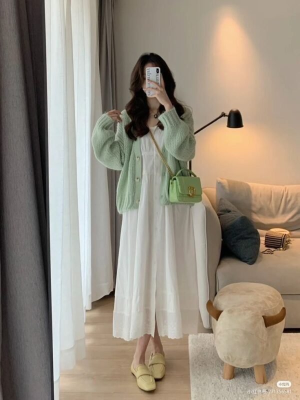 White Casual Cotton Dress with Mint Green Cardigan