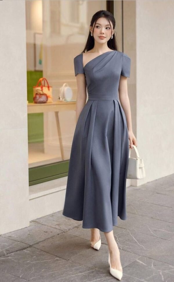 Moonlit Slate – One-Shoulder Bodycon Midi Dress