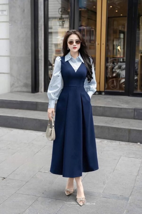 Elise Structured Layered  Dress – Navy