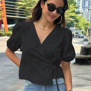 Black Wrap Puff Sleeve Top
