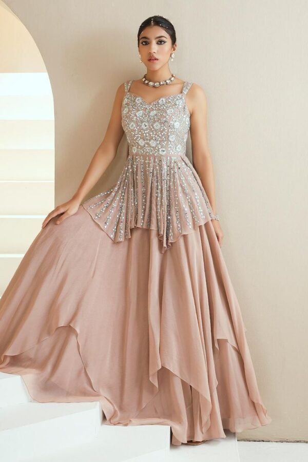 Blush Pink Mirror-Embroidered Gown Set