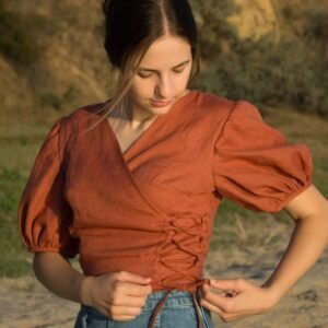 Rust Brown Side Tie Puff Sleeve Top