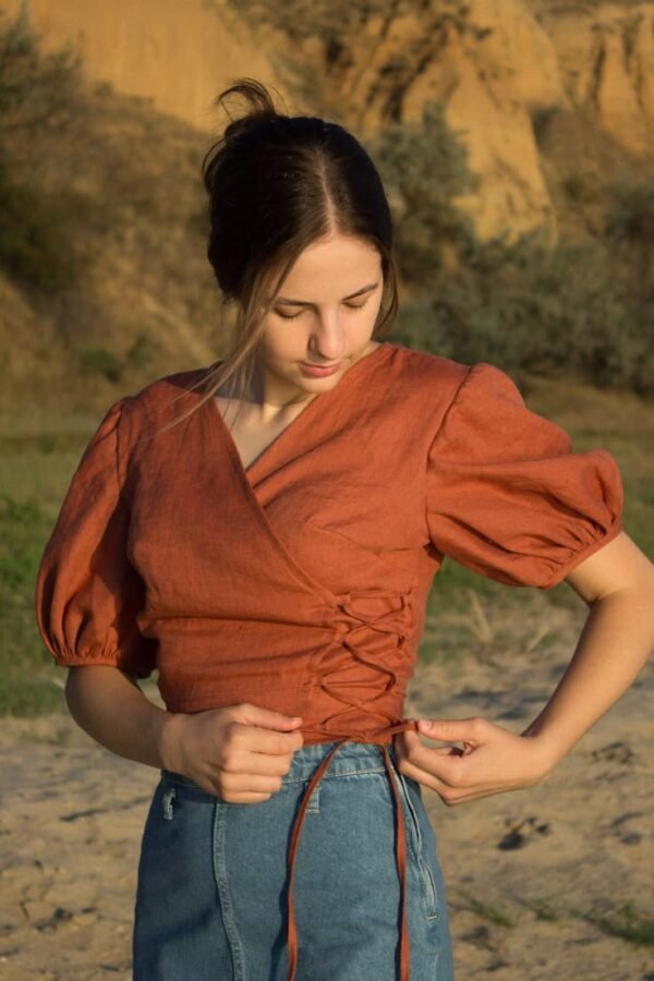 Rust Brown Side Tie Puff Sleeve Top