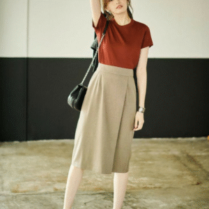 Rust Tee & Beige Check Midi Skirt