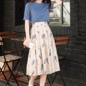 Women's Blue Tee & Floral Midi Skirt Set