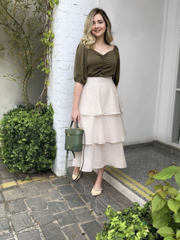 Ruched Blouse & Cream Tiered Skirt Combo