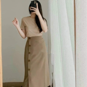Neutral Tee & Camel Button-Down Midi Skirt