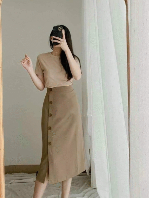 Neutral Tee & Camel Button-Down Midi Skirt
