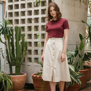 Ribbed Tee & Cream Button Midi Skirt