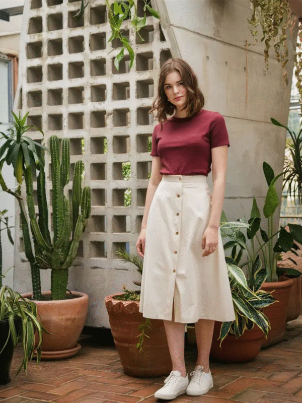 Ribbed Tee & Cream Button Midi Skirt