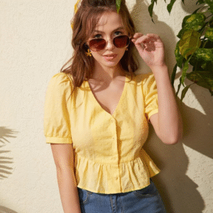 Sunshine Yellow Peplum Button-Up Blouse