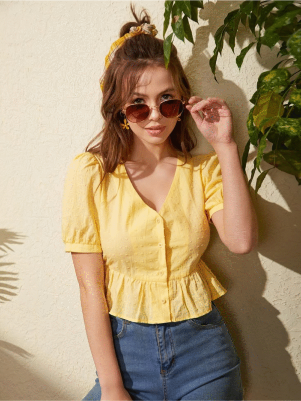 Sunshine Yellow Peplum Button-Up Blouse