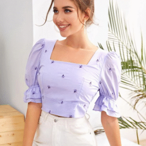 Lavender Puff Sleeve Embroidered Crop Top