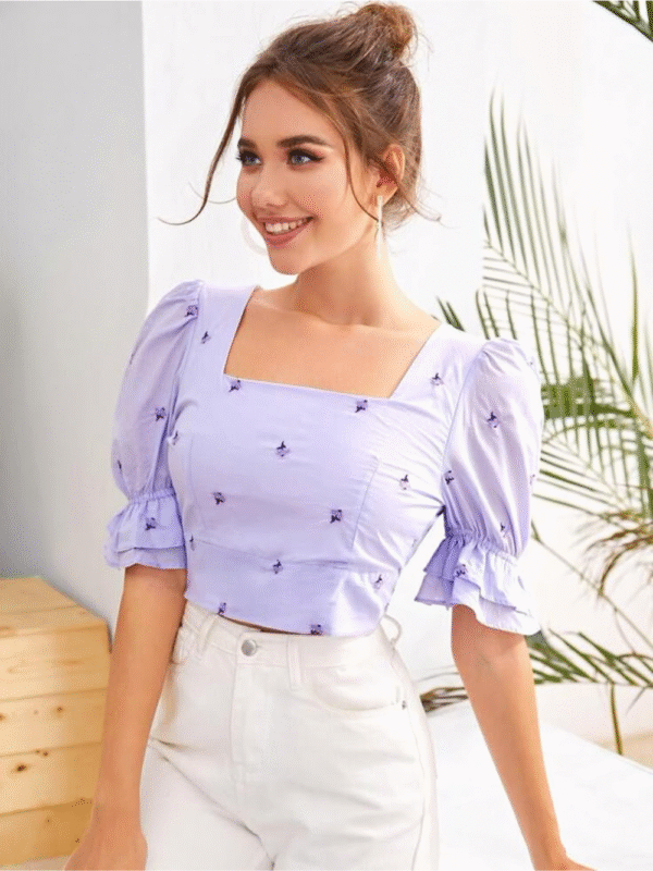 Lavender Puff Sleeve Embroidered Crop Top